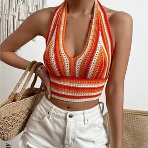 SHEIN Orange & White Striped Crocheted Cropped Halter Top Large